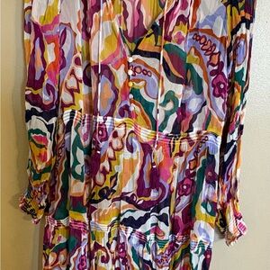 Anthropologie Abstract Print Midi Dress Smocked Waist Ruffle Neck Tassel Tie